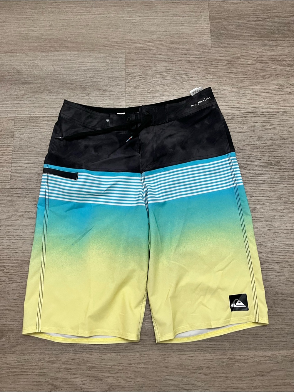 Quiksilver Black, Teal & Yellow Ombre Board Shorts